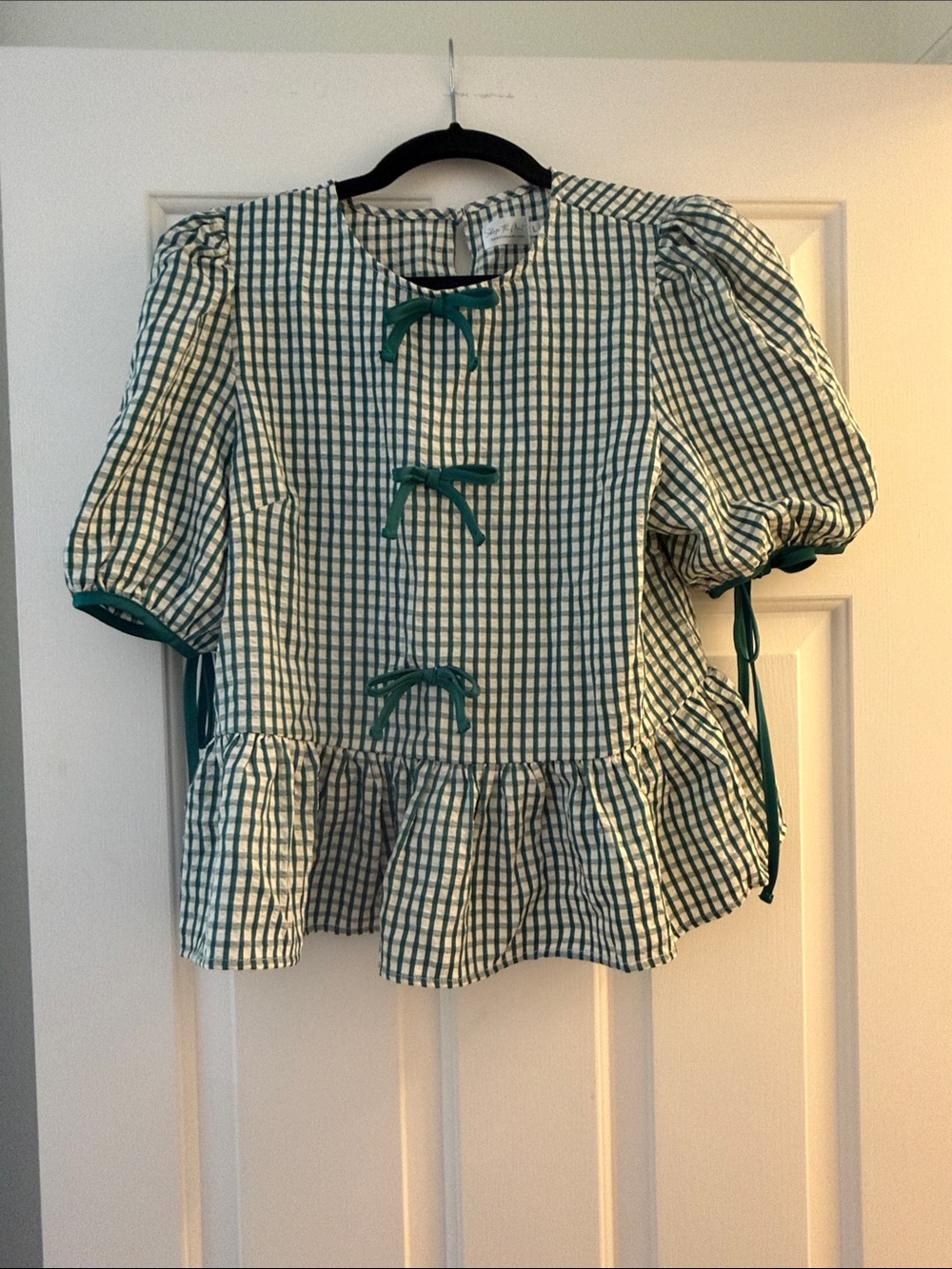Women’s Green Gingham Peplum Top with Tie Accents